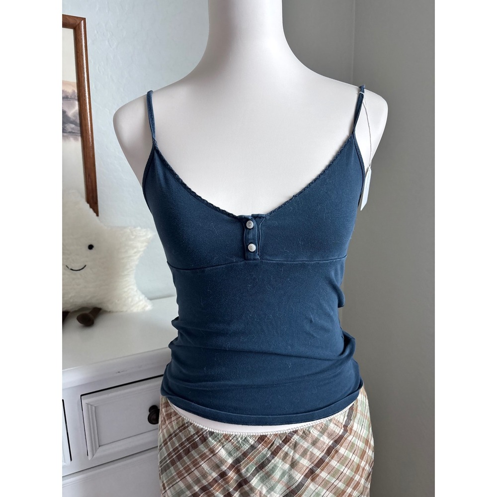 brandy melville coquette Henley Camisole Teal Blue Lace Trim Cami Tank Top Small